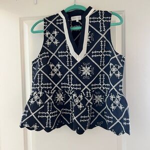 NWOT - Entro Navy Top with White Geometric Embroidery